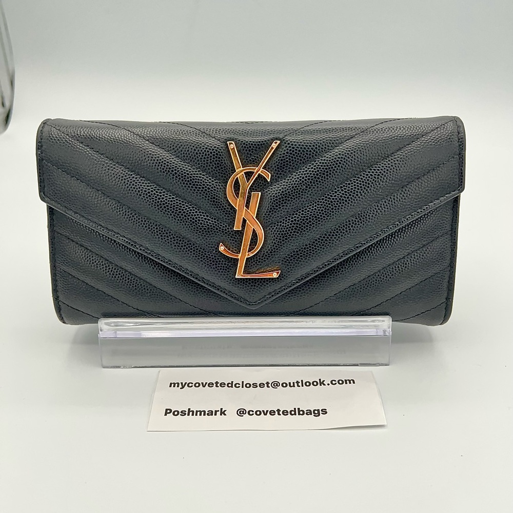 YSL Cassandre Matelassé Large Flap Wallet in Black.